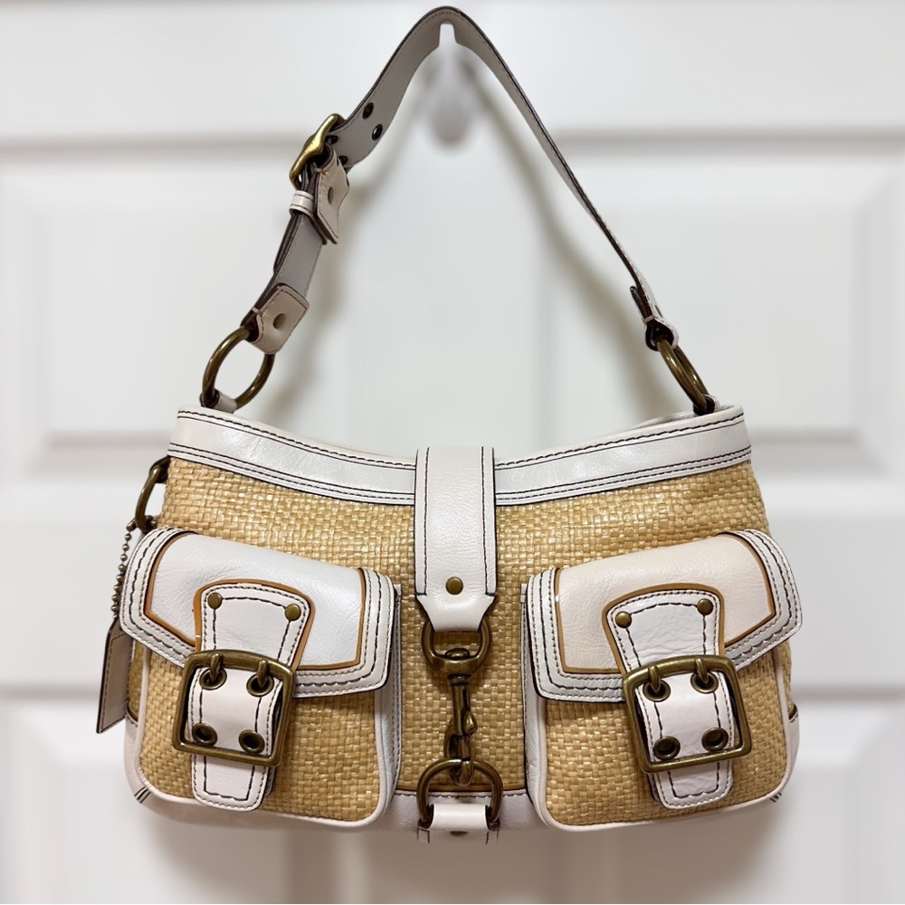 Coach Legacy Woven Straw Shoulder Bag White Leather Buckle Pockets Y2K